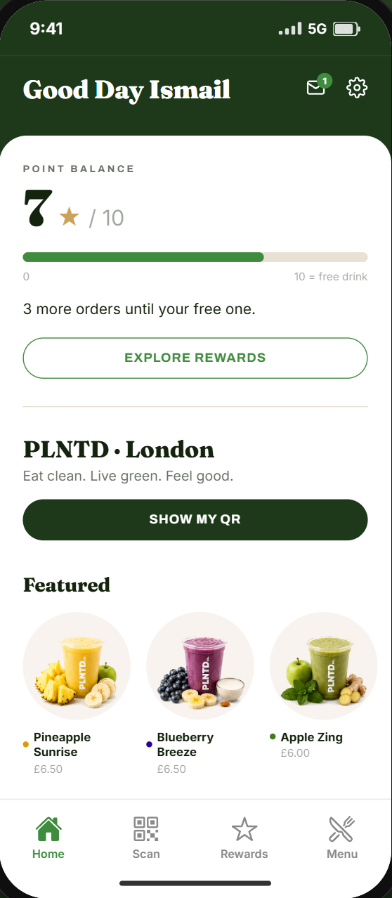 PLNTD app home screen with point balance and featured drinks